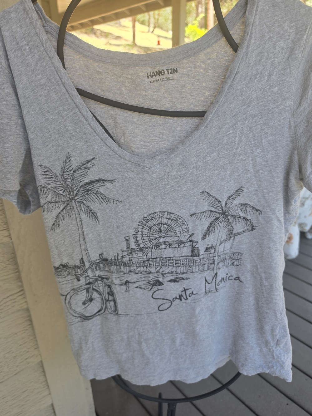 Hang Ten Women's Santa Monica V-Neck Tee - Light Gray with Black Graphic